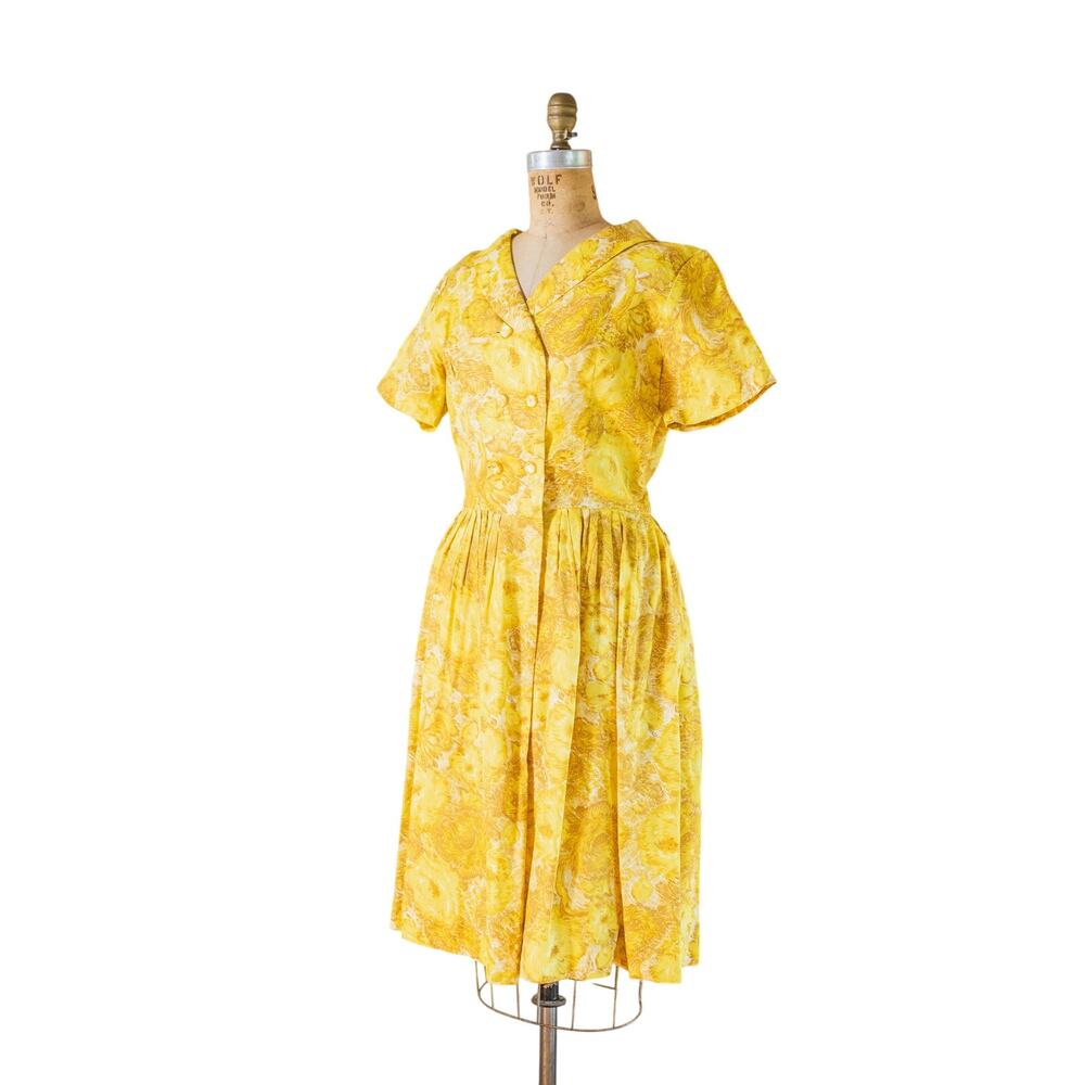 VTG 50s 60s Yellow Floral Dress, Midi Cocktail Party Rockabilly Garden, Med Lg